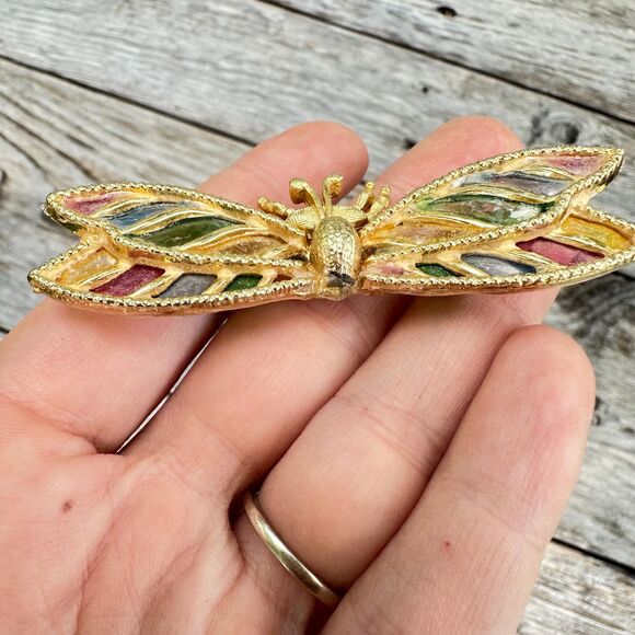 Vintage Jewelry Mosaic Insect Wing Brooch Cloisonné Flying Bug Winged Insect Pin - Picture 2 of 6